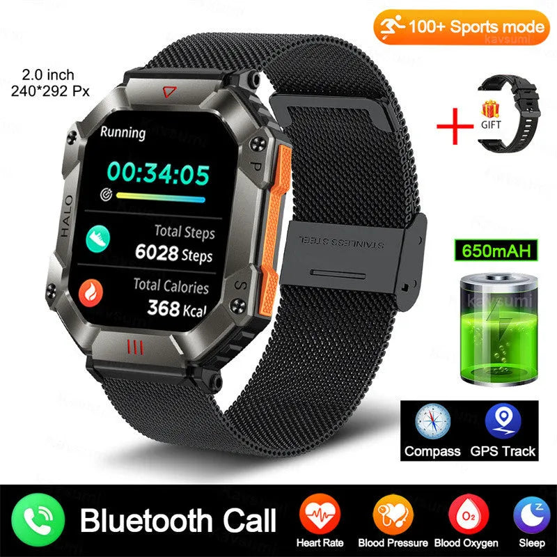Android GPS smart watch with Bluetooth call on wrist, showing resin dial and titanium alloy case with optional leather strap.