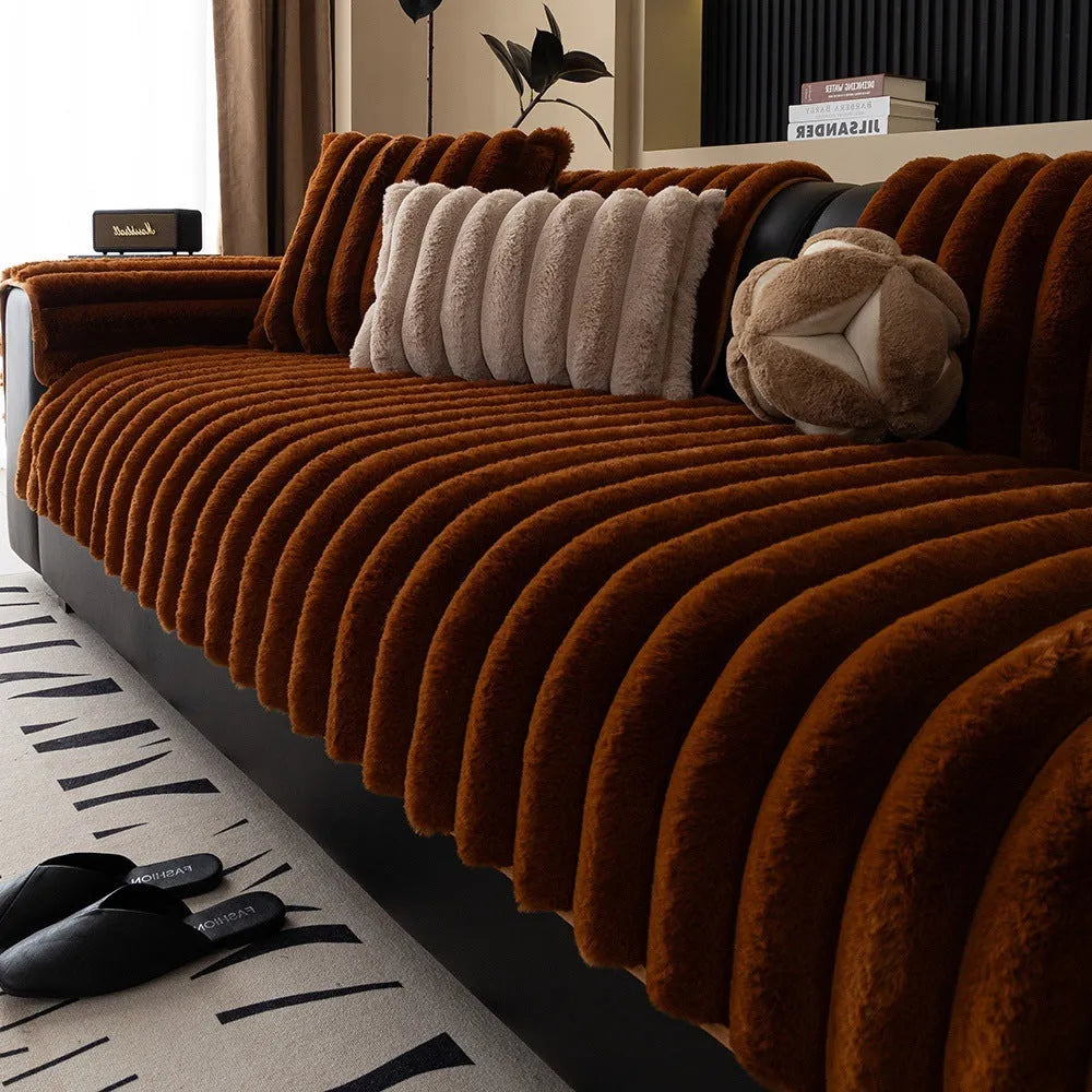 Striped rabbit plush thickening sofa cushion in dark gray on a sofa with antislip flannel surface