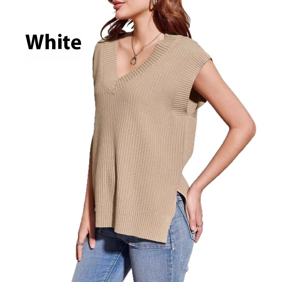 Camel coloured v-neck sleeveless pullover vest with loose fit and stripe pattern