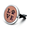 Circular car air vent aromatherapy clip with hollow wood and alloy construction in multiple colour options