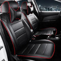 Cow leather car seat cover in beige and black with red accent colour options on a car seat.
