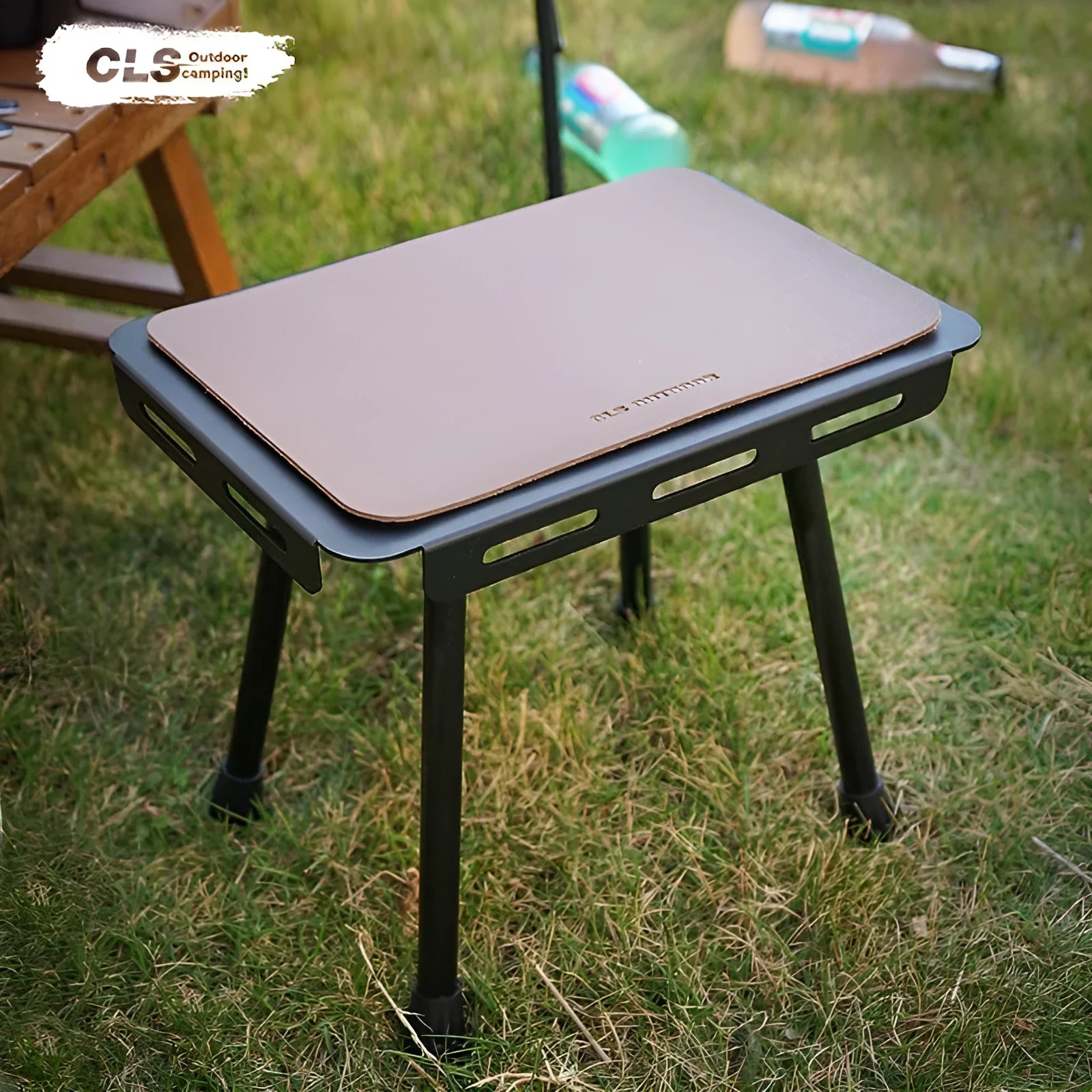 CLS aluminium dual-use camping stool converted into a small table with a green Pu mat cushion