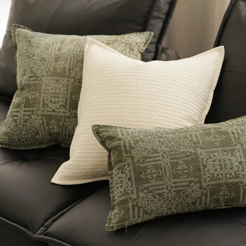 Ethnic style green natural pillowcase with feather core on sofa