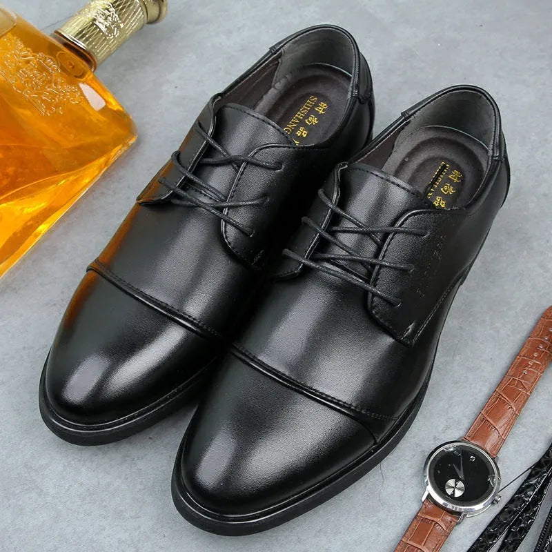 Men's black formal lace-up shoes with stitching details on PU leather upper