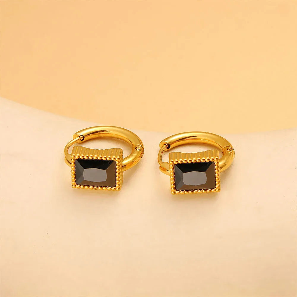 Square zircon stainless steel earrings in geometry design with round ring details, shown in white colour.