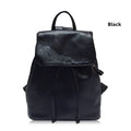 Black genuine leather women's backpack with street trend style and multiple internal pockets.