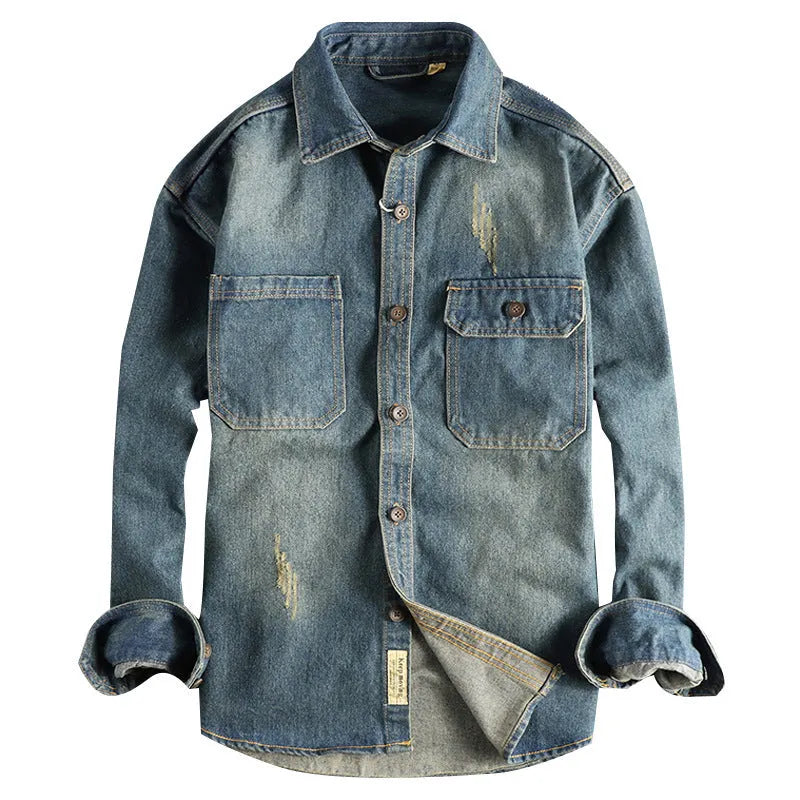Men's light blue vintage washed denim shirt with long sleeves and loose cardigan style