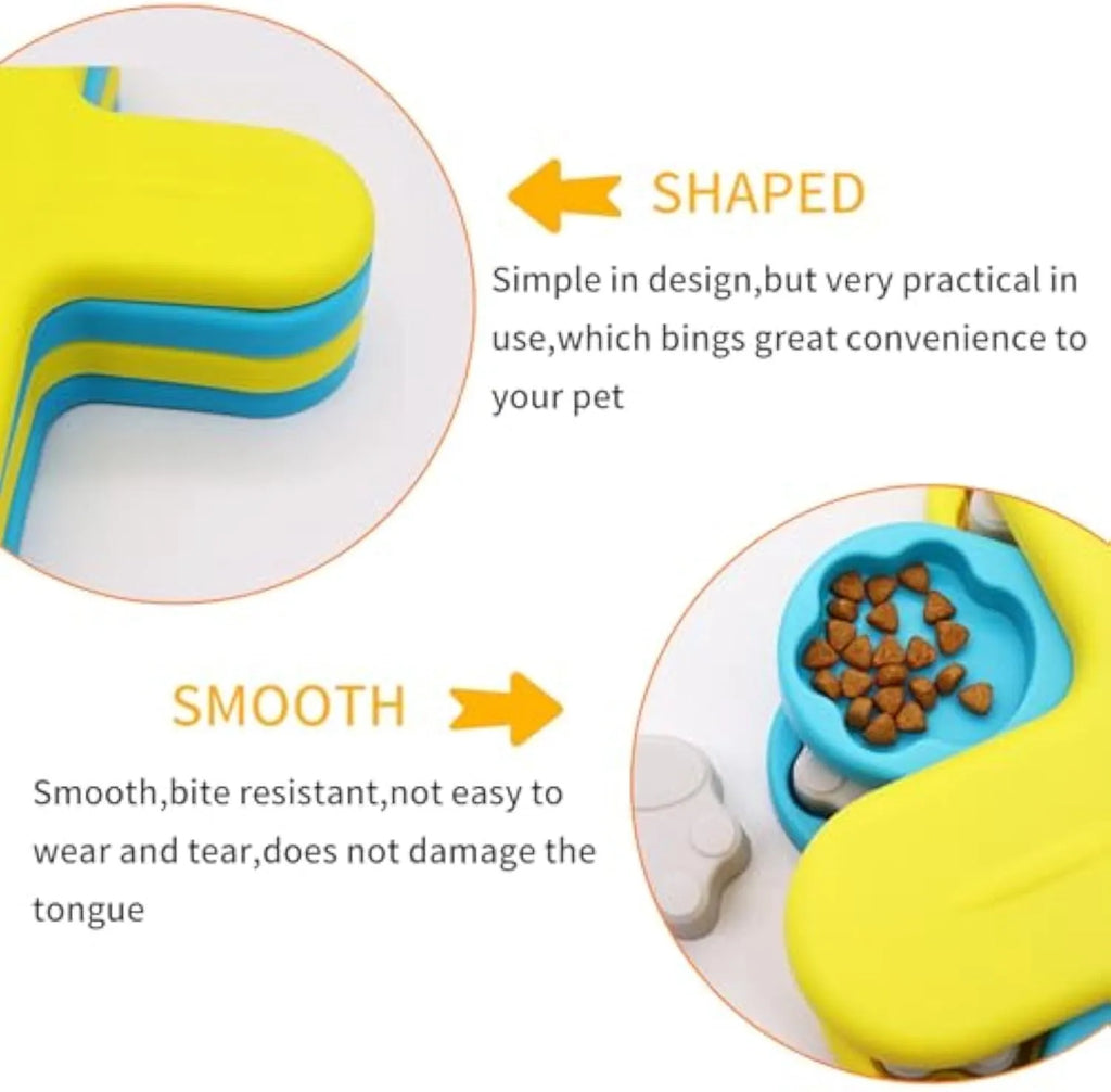 Yellow three-layer rotating dog puzzle feeder toy with removable lids and non-slip base