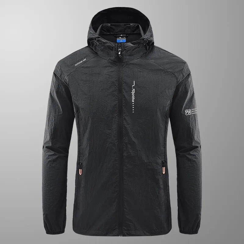 Men's thin nylon summer hooded jacket in loose fit showing light grey colour option