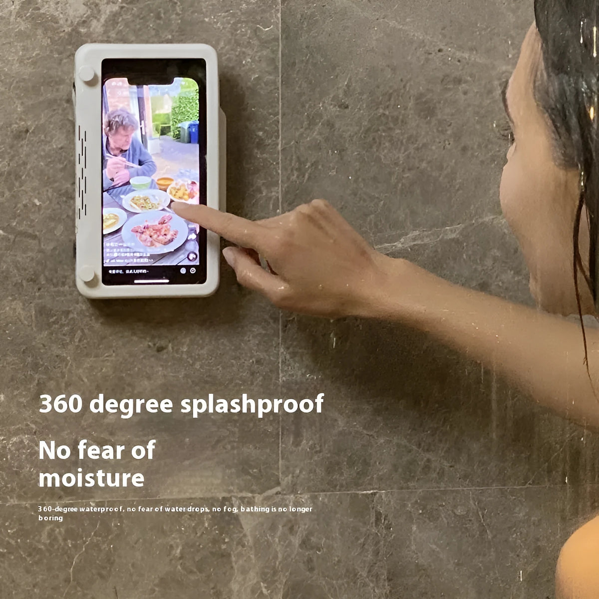 Bathroom waterproof punch-free wall-mounted touch screen anti-fog mobile phone bracket in electroplated white with rotatable arm and free base gel aromatherapy