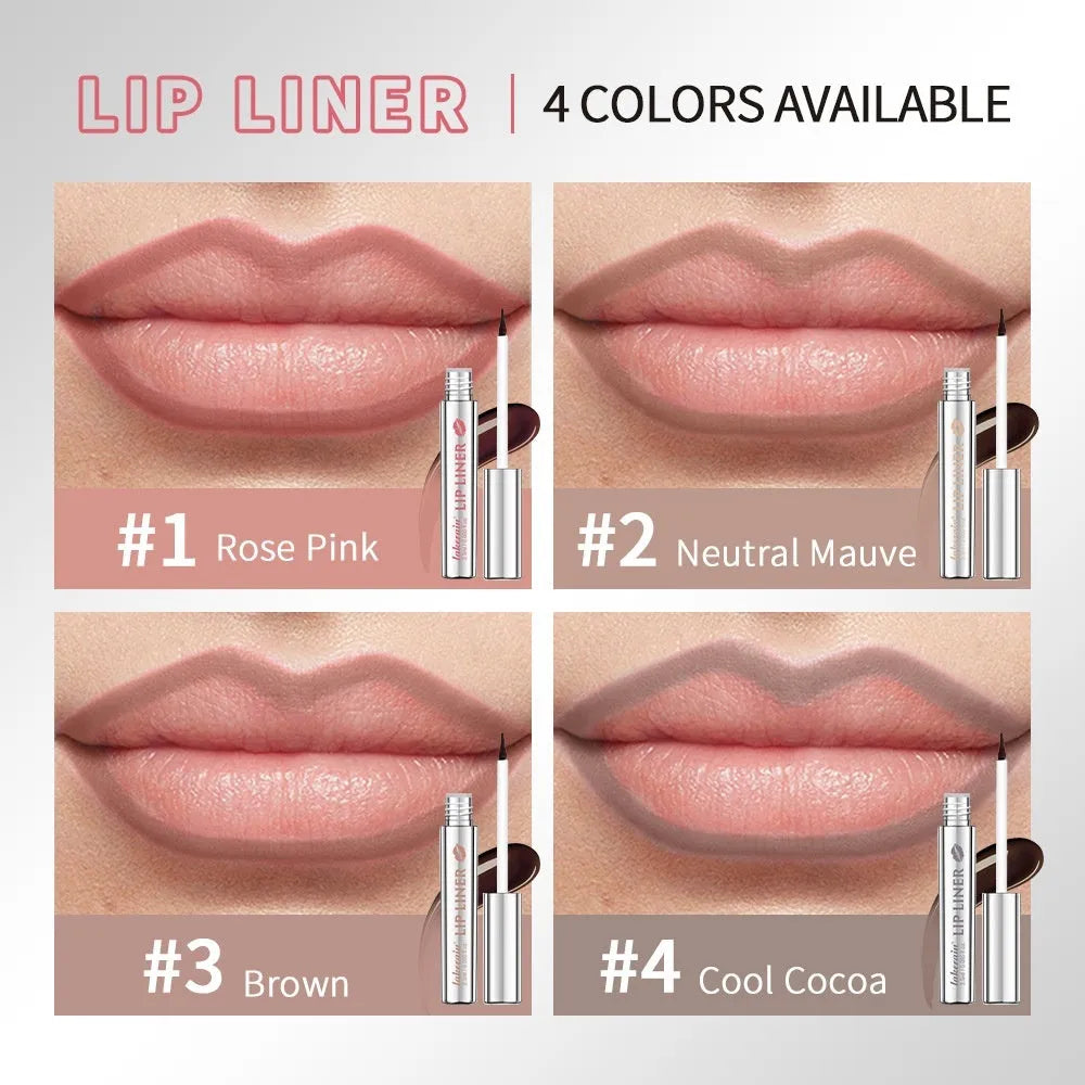 Matte finish pointed toe tear and pull lip liner pencil in Rose Pink, Neutral Mauve, Brown, and Cool Cocoa colours.