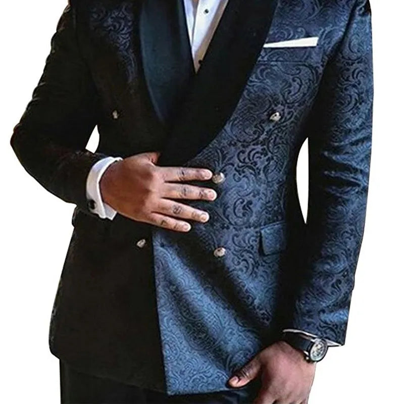 Men's retro three-piece wedding suit with green fruit collar, double-breasted coat, vest, and trousers in polyester.