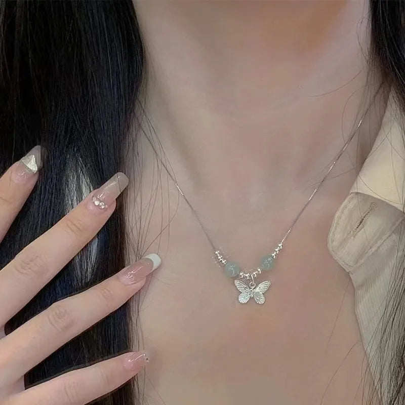 Hetian jade silver butterfly bracelet and necklace set for women