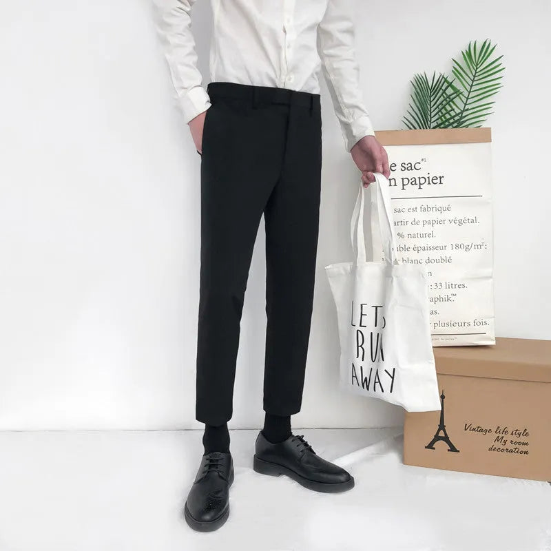 Men's Korean-style straight leg cotton pants in black, gray, or khaki with drawstring waist