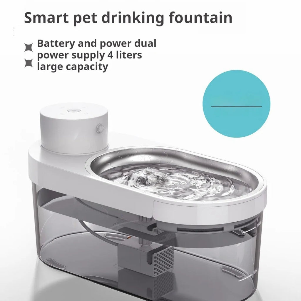 Stainless steel pet water dispenser with wireless battery operation, black colour, for dogs and cats