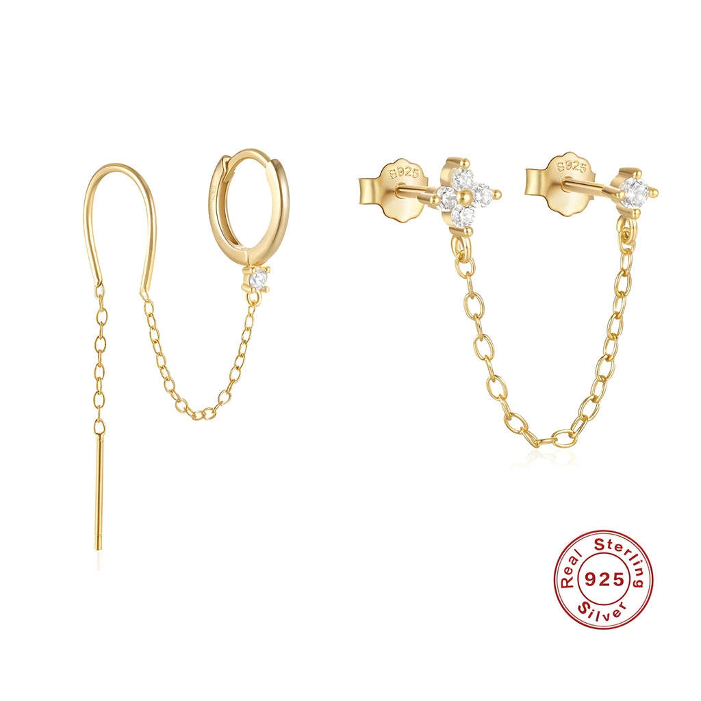 S925 sterling silver geometric earring with flower, tassel and chain detail in gold electroplated finish.