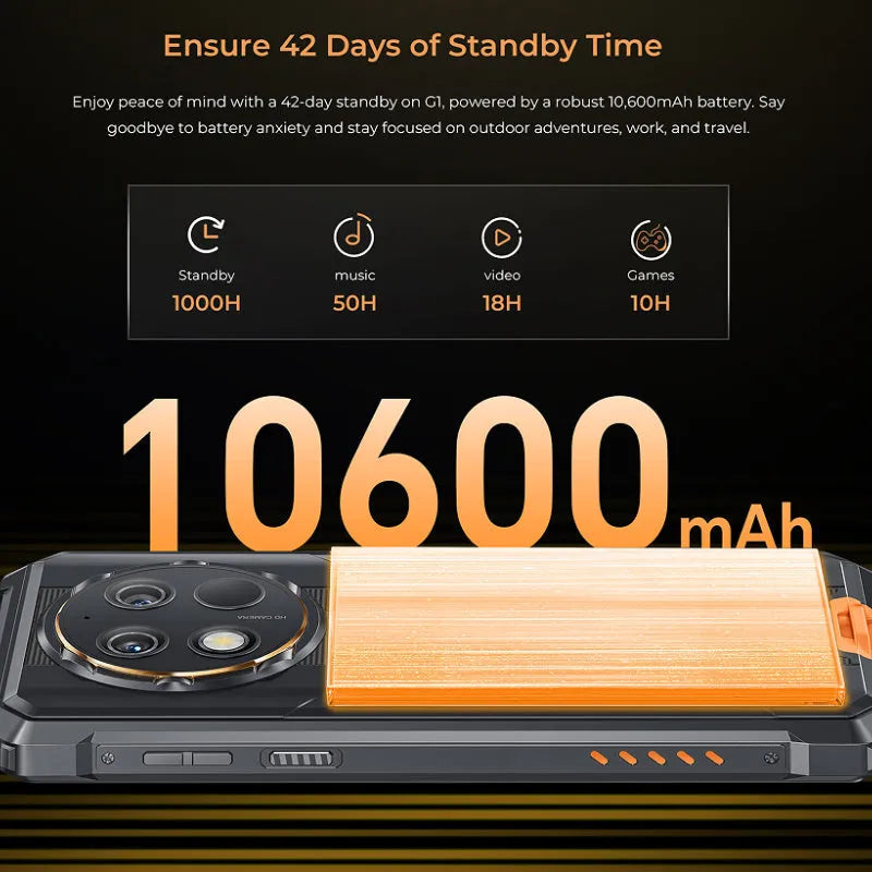 OUKITEL G1 mobile phone in green, grey, or orange colour with included charger