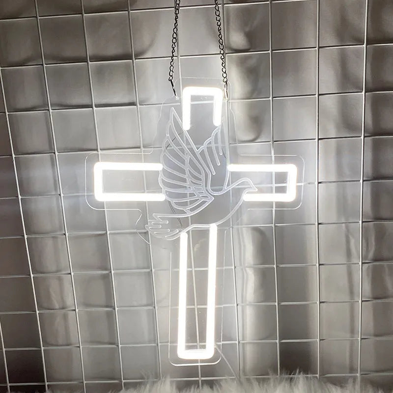 LED peace dove cross neon light, white acrylic wall light 33x24.5x1.5cm with USB 5V dimmable switch