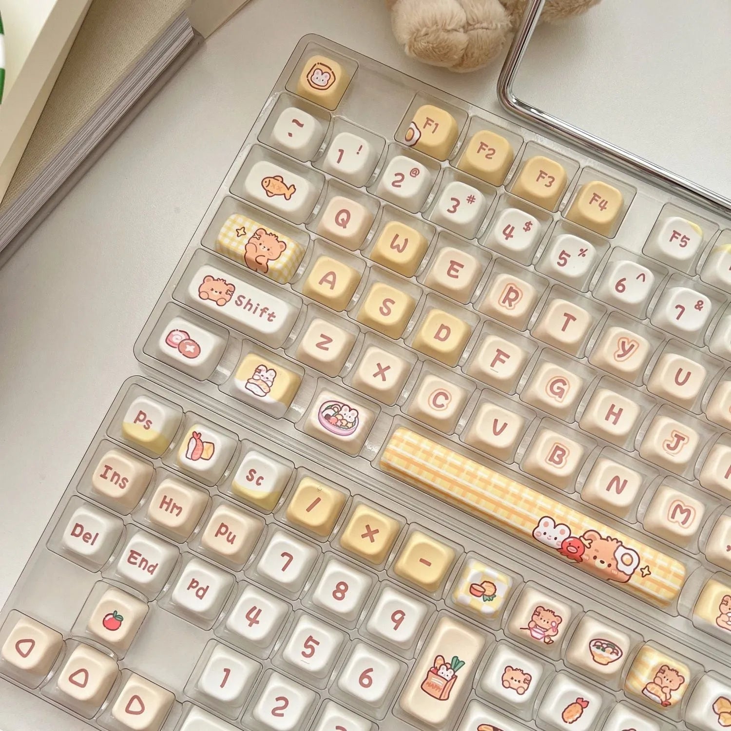 Set of 140 Rabbit Bear Restaurant themed PBT keycaps with EOA height profile laid out.