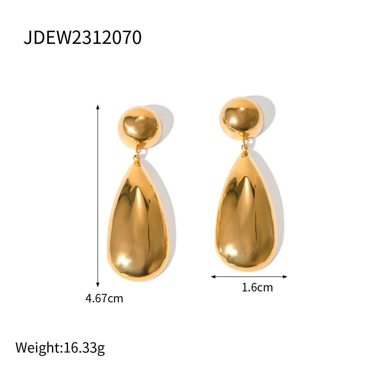Gold coloured geometric hemisphere earrings with a dangling water drop pendant, made from stainless steel.