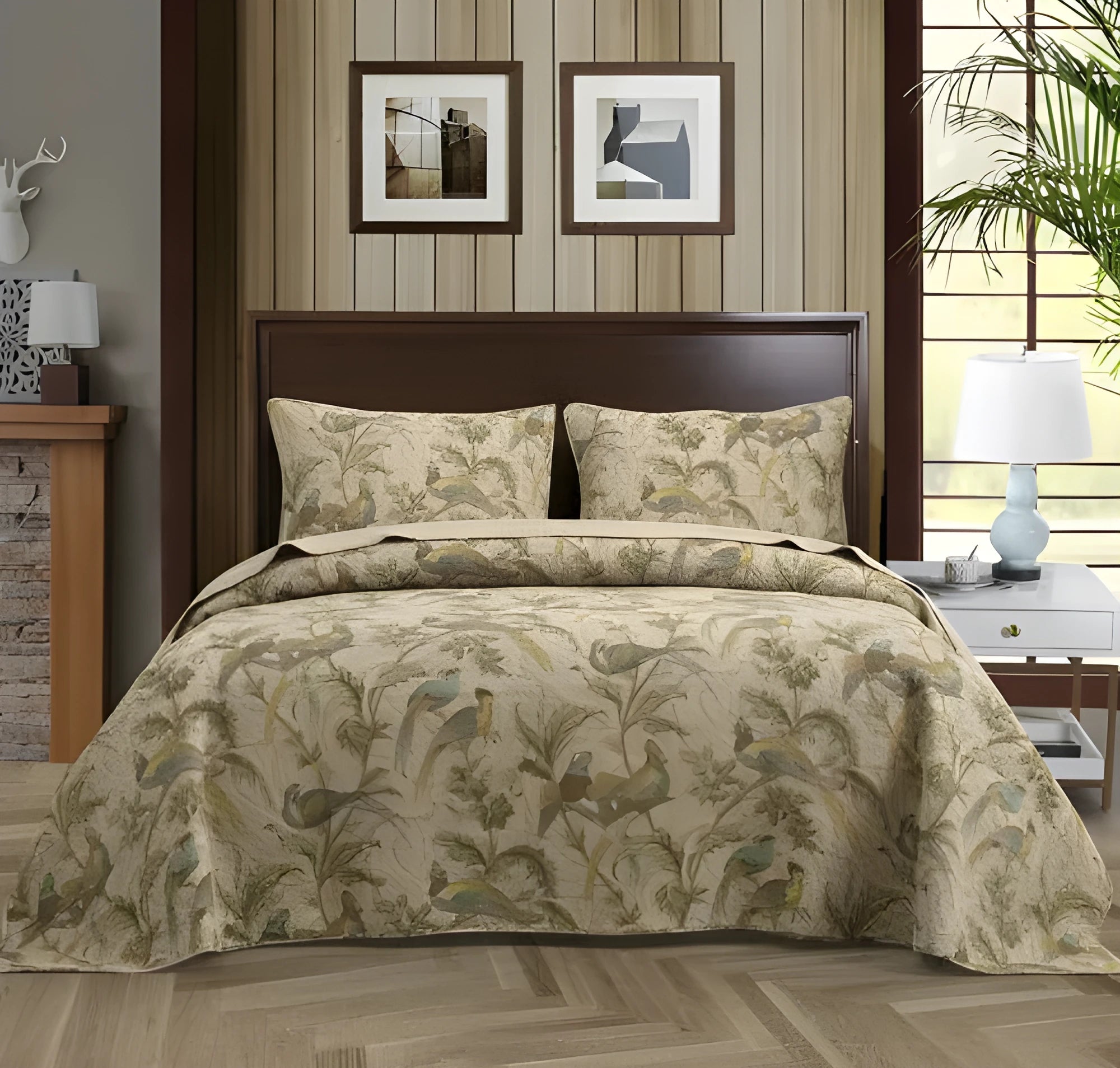 Blue cotton bedspread with American floral and bird pattern, part of a 3-piece quilt set.