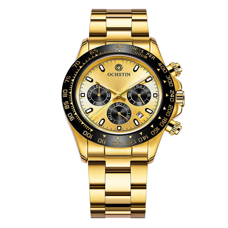 Stainless steel waterproof watch with 43mm case, 22mm strap, multifunction dial, available in rose gold, gold, black, and silver.