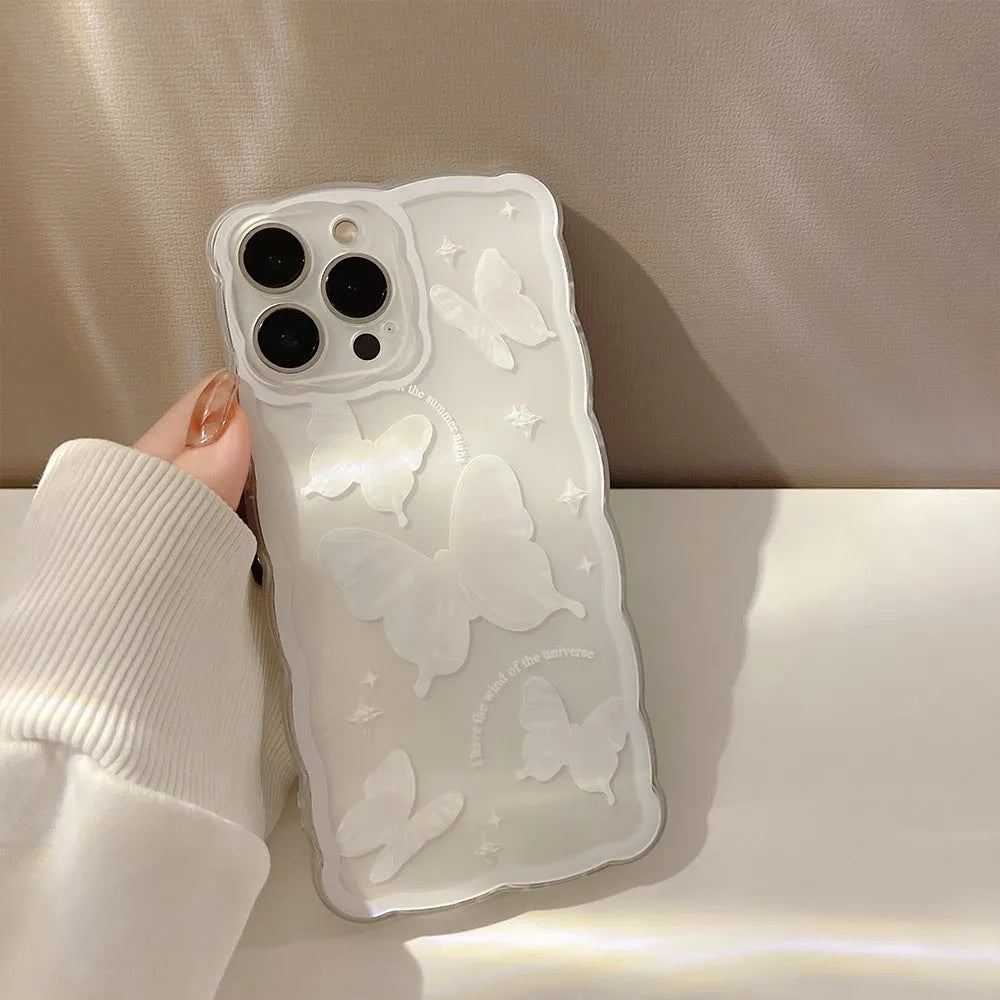 Transparent white crystal butterfly TPU phone case for iPhone 12 to 15 models, painted design