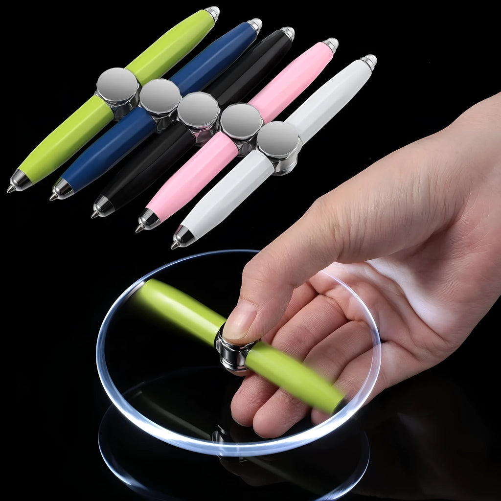Silver metal LED pen with a spinning gyro top and ballpoint tip, shown with multiple coloured ink refills.