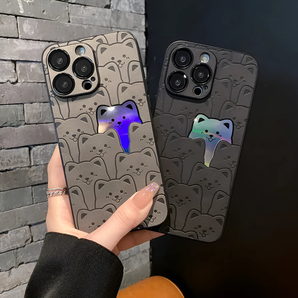 Laser full screen bear cat phone case in TPU imitation leather, yellow black silver grey, for Apple iPhone 11 to 15