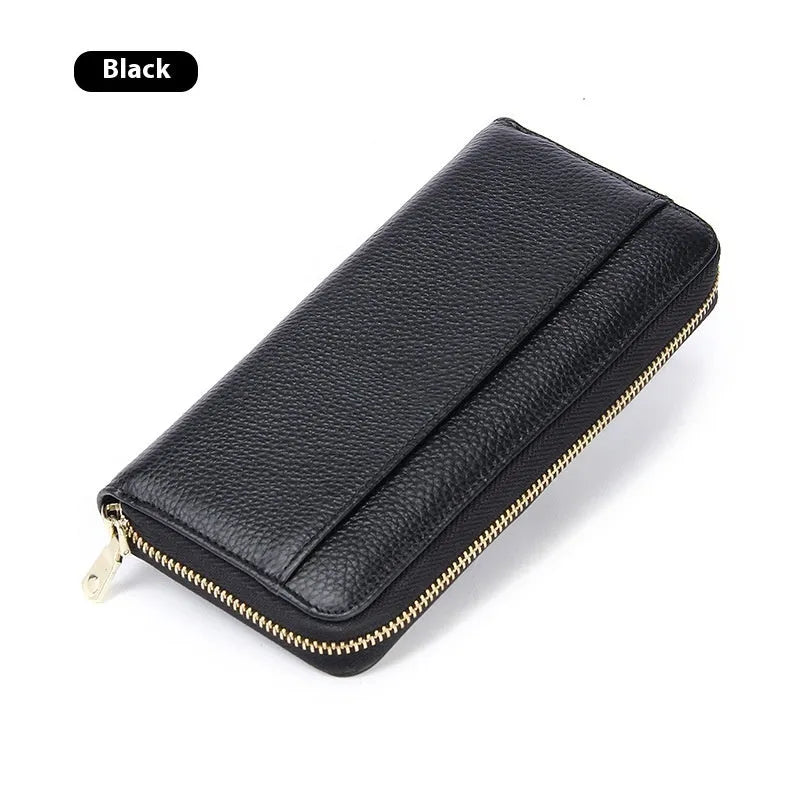 Women's long genuine leather wallet in black showing card compartments and anti-theft swiping feature