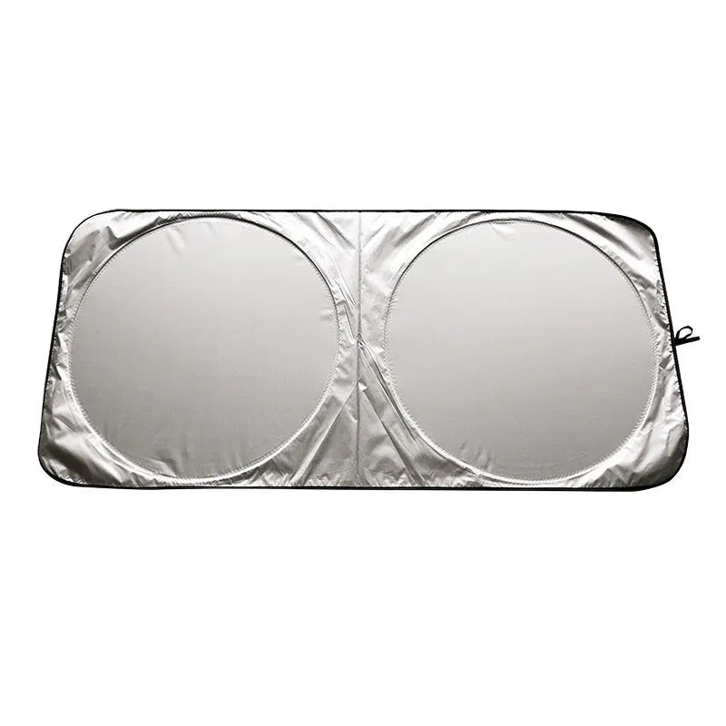 Silver tape car sunshade unfolded showing 190x90cm dimensions with cloth storage bag