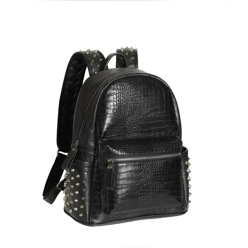 Black waterproof computer schoolbag with oil wax leather features and rivet detailing