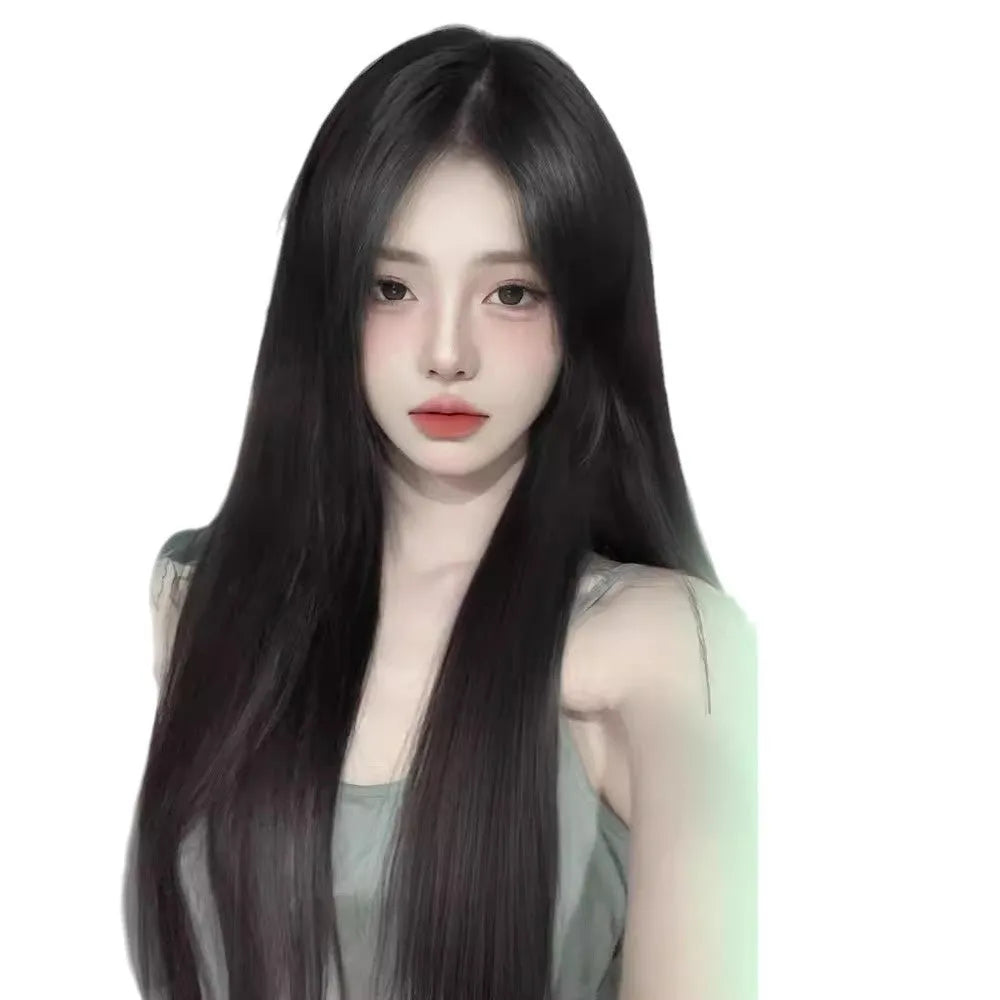 Women's full-head wig with seamless forehead lace construction in brown black colour
