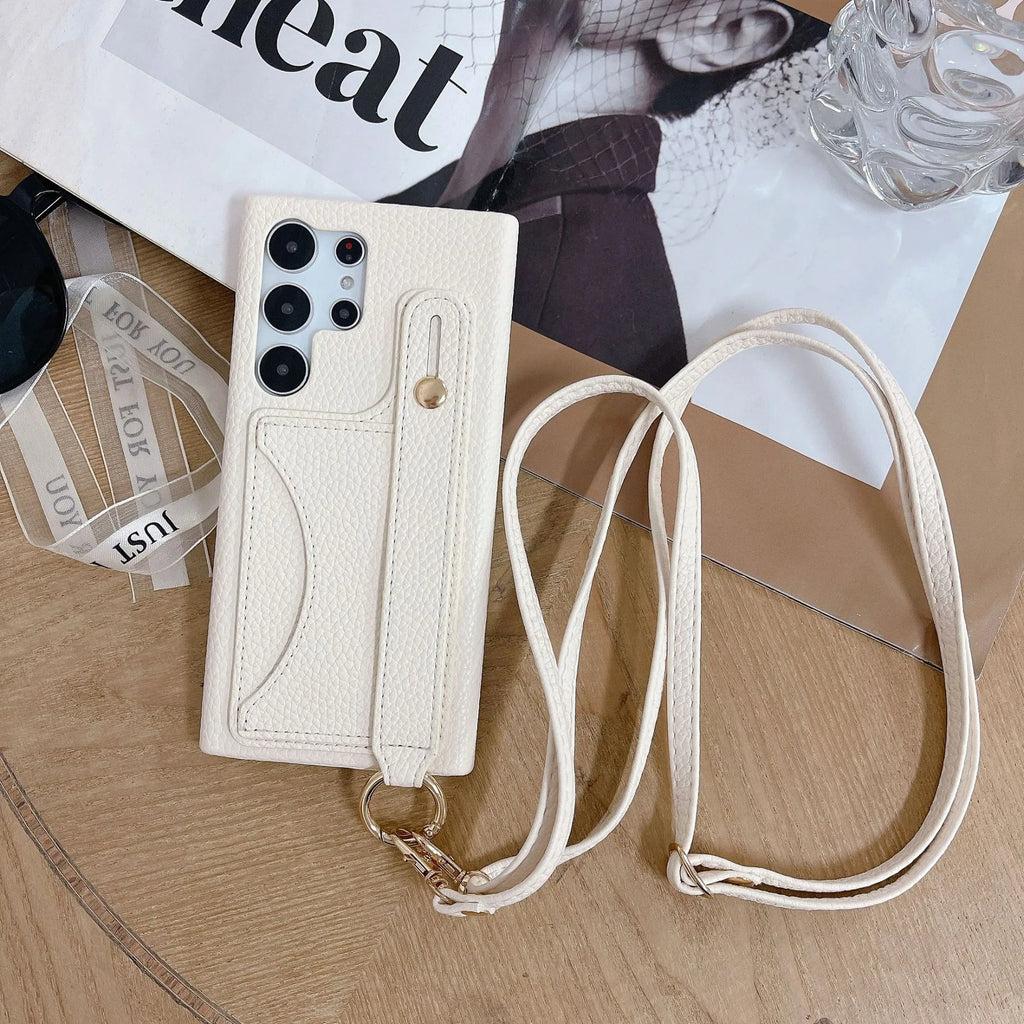 Card holder phone case with frosted finish and mirror detail in light khaki colour