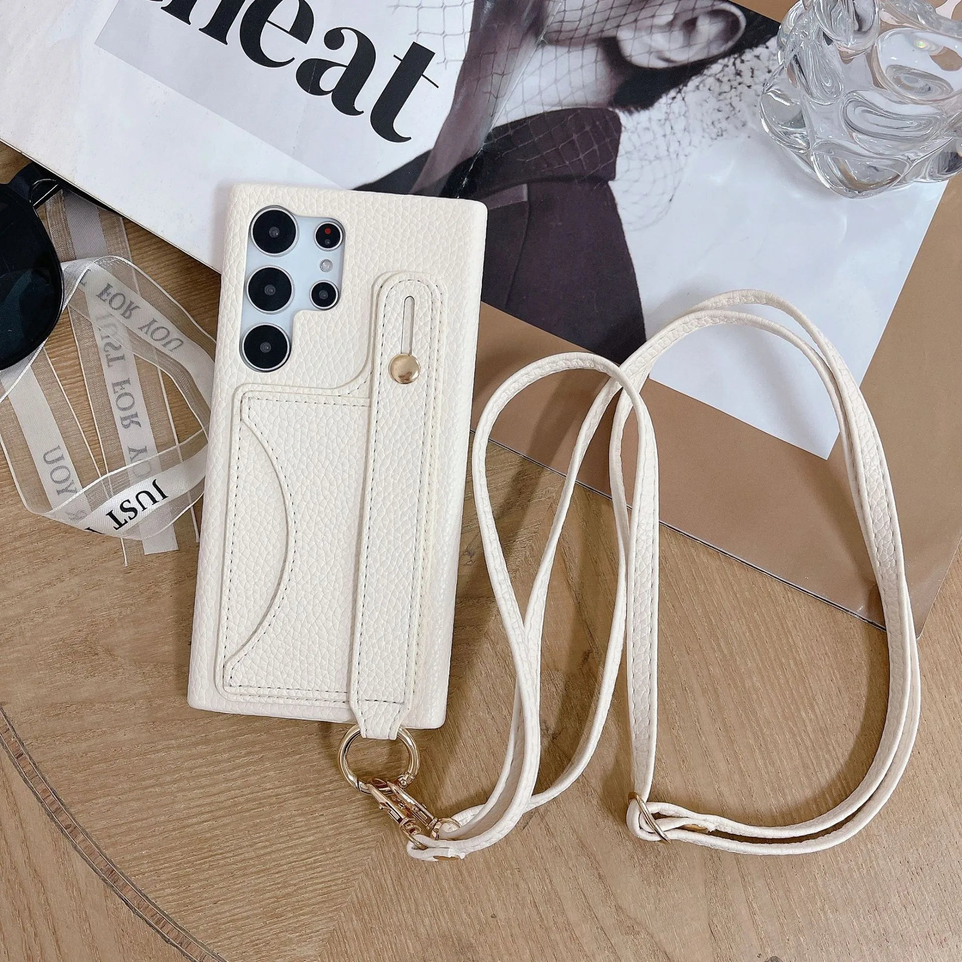 Card holder phone case with frosted finish and mirror detail in light khaki colour