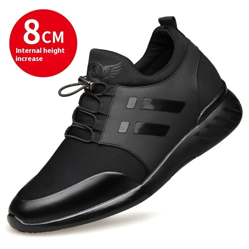 Men's black casual shoes with invisible height increase, available in leather, Lycra, or mesh.
