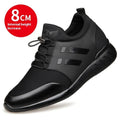 Men's black casual shoes with invisible height increase, available in leather, Lycra, or mesh.