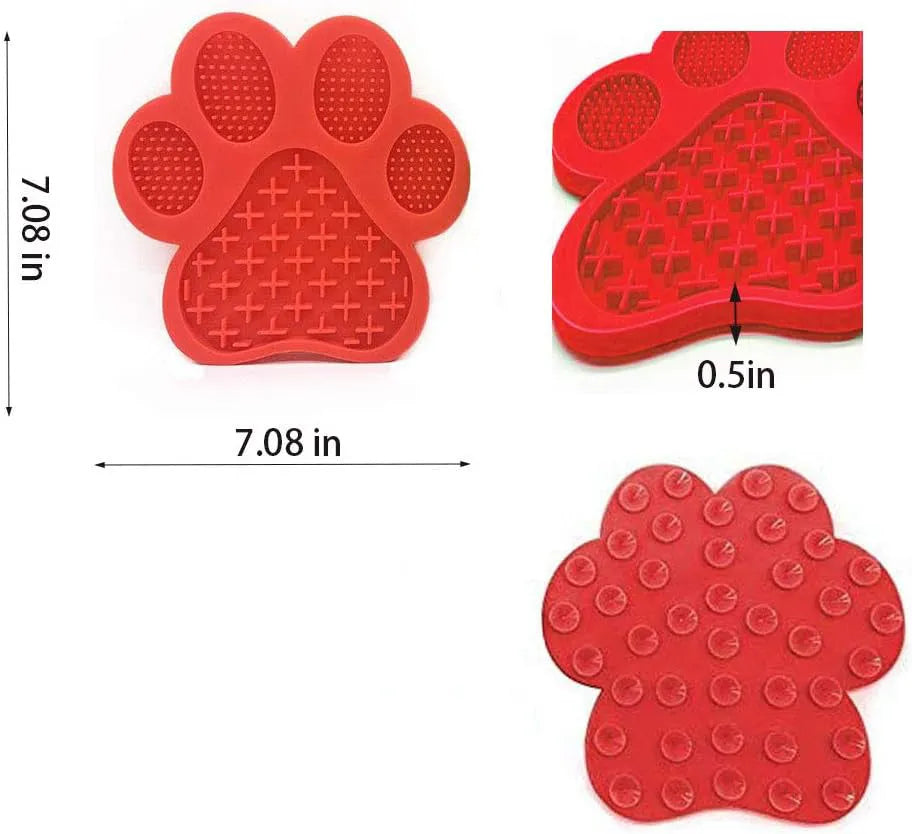 Blue silicone dog licking mat with bone texture and suction cups on back, for use with peanut butter during pet bathing.
