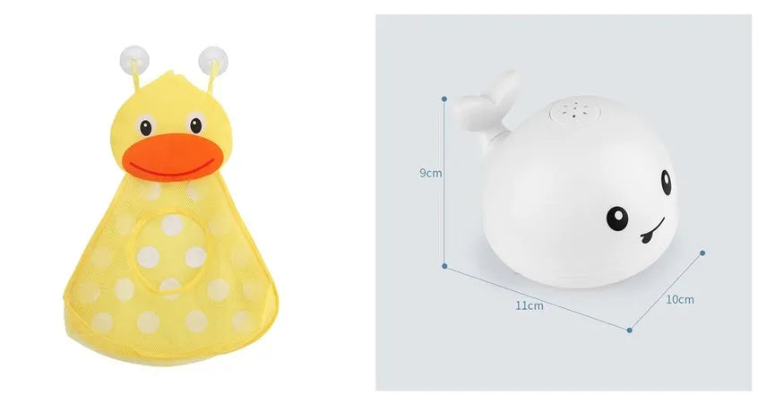Whale-shaped electric bath toy spraying water with flashing lights, floating in baby bathtub
