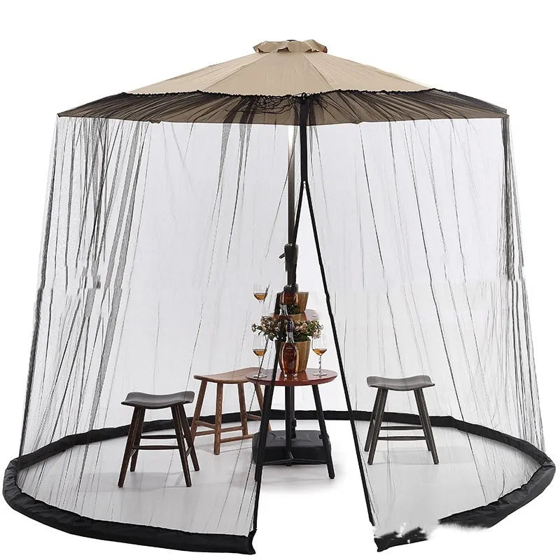 Outdoor mosquito net umbrella tent with heavy fabric sunshade in beige, black, or brown colours