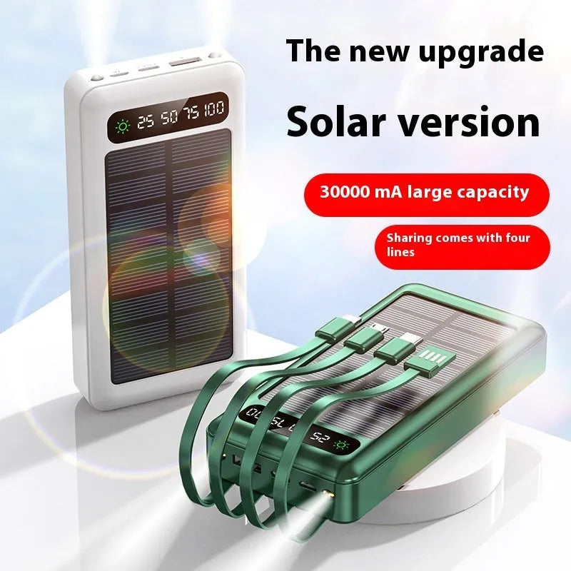 Solar power bank with cables in black, white, or green colours showing 30000 mAh capacity and solar panel