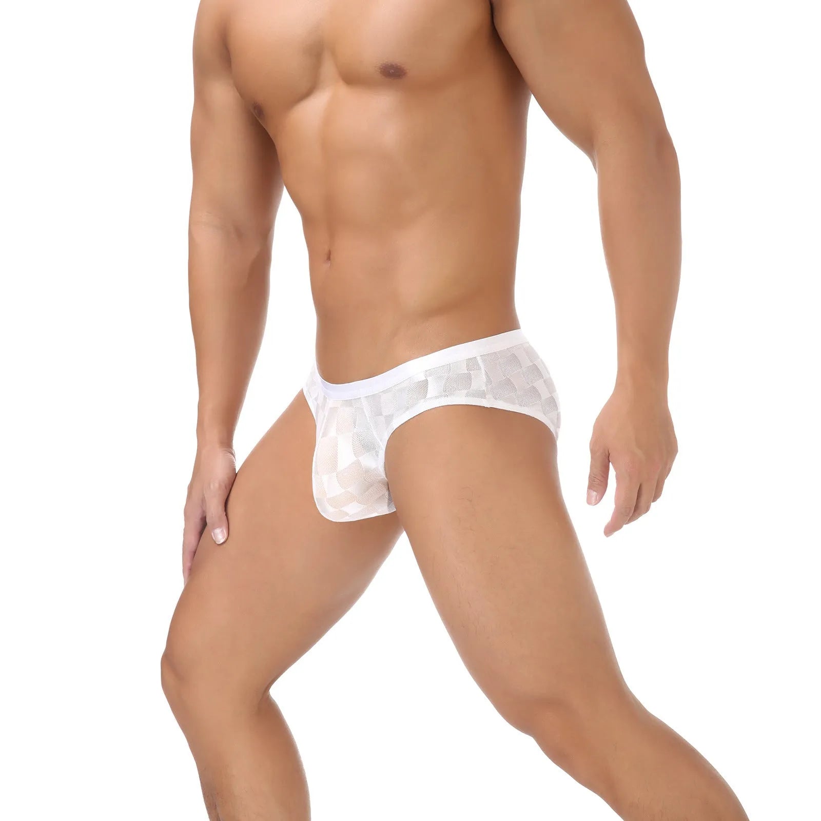 Men's black and white plaid mesh briefs with U-convex design on a flat lay
