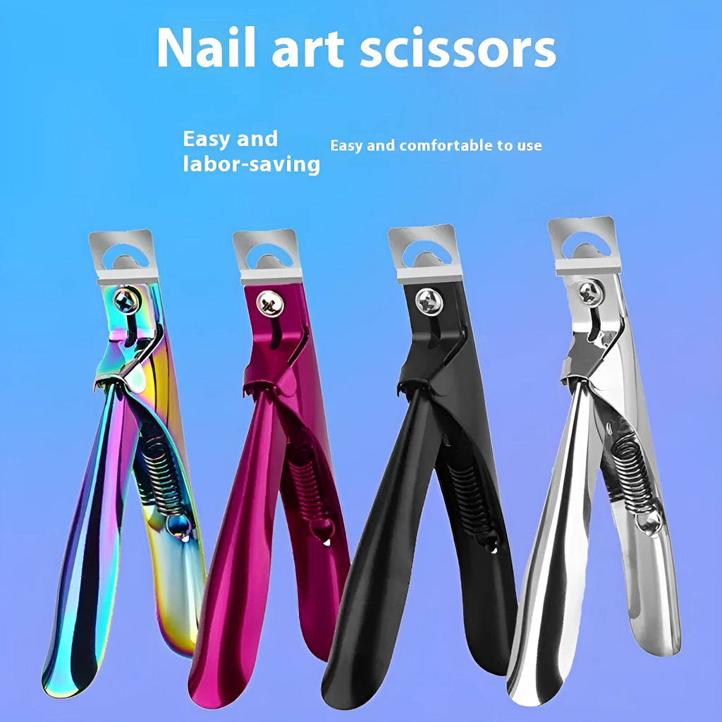 Stainless steel nail art scissors with curved French U-shaped blades shown in electrophoresis black finish.