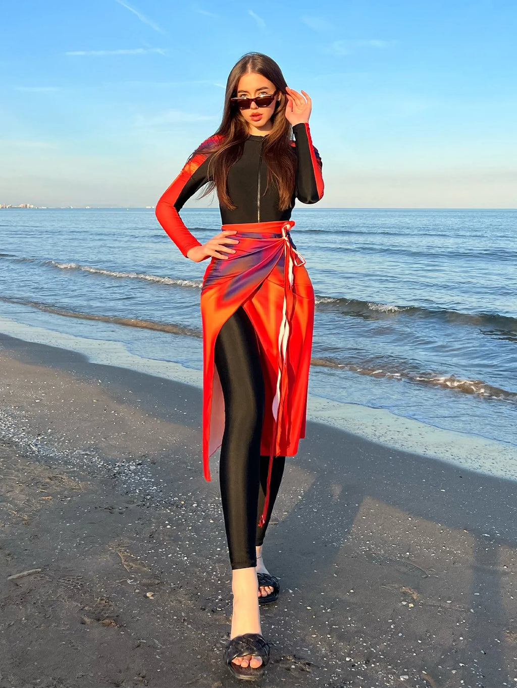 Women's conservative beach swimsuit three-piece set in colour 427 with polyester construction