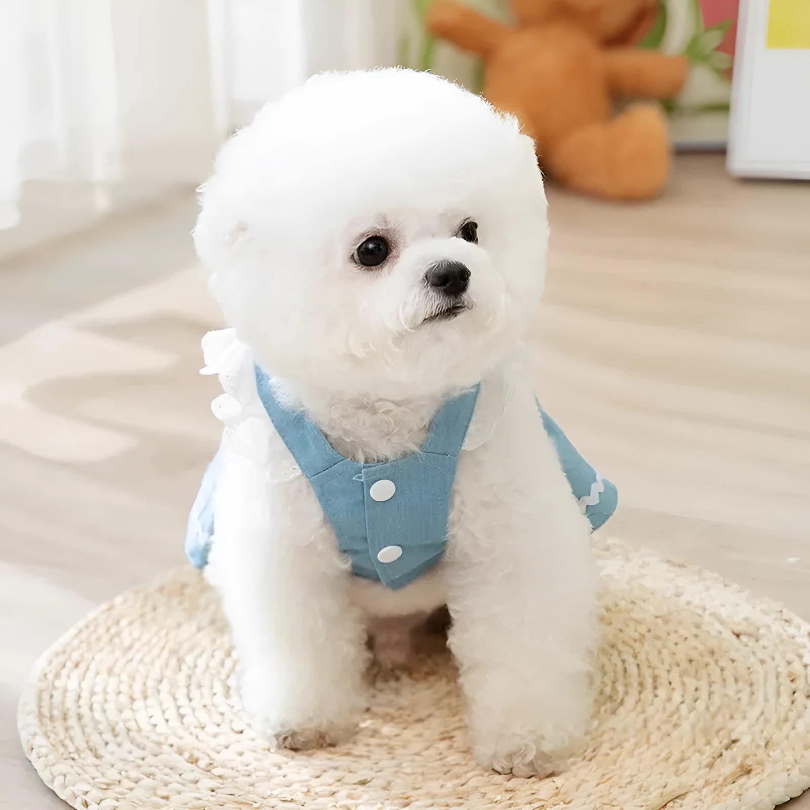 Bondi Blue strawberry and denim pattern dog skirt for small dogs on a mannequin.