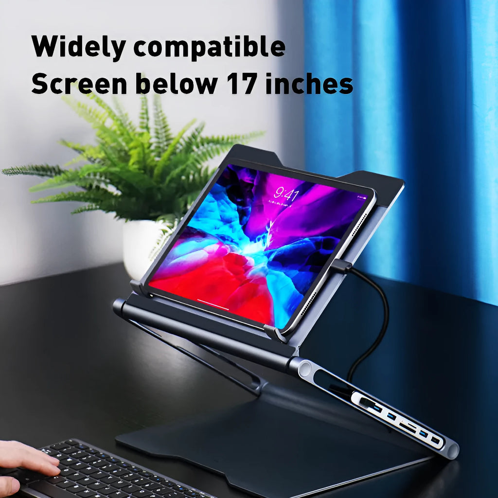 Aluminium alloy laptop stand with 8-in-1 USB-C docking station in deep space grey for notebook desk use