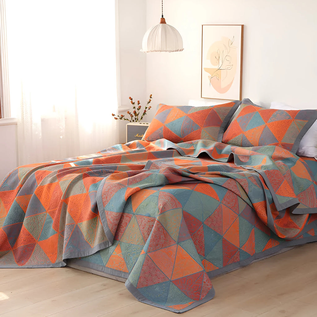 Cotton gauze bed blanket three-piece set with floral pattern showing blanket and two matching pillowcases