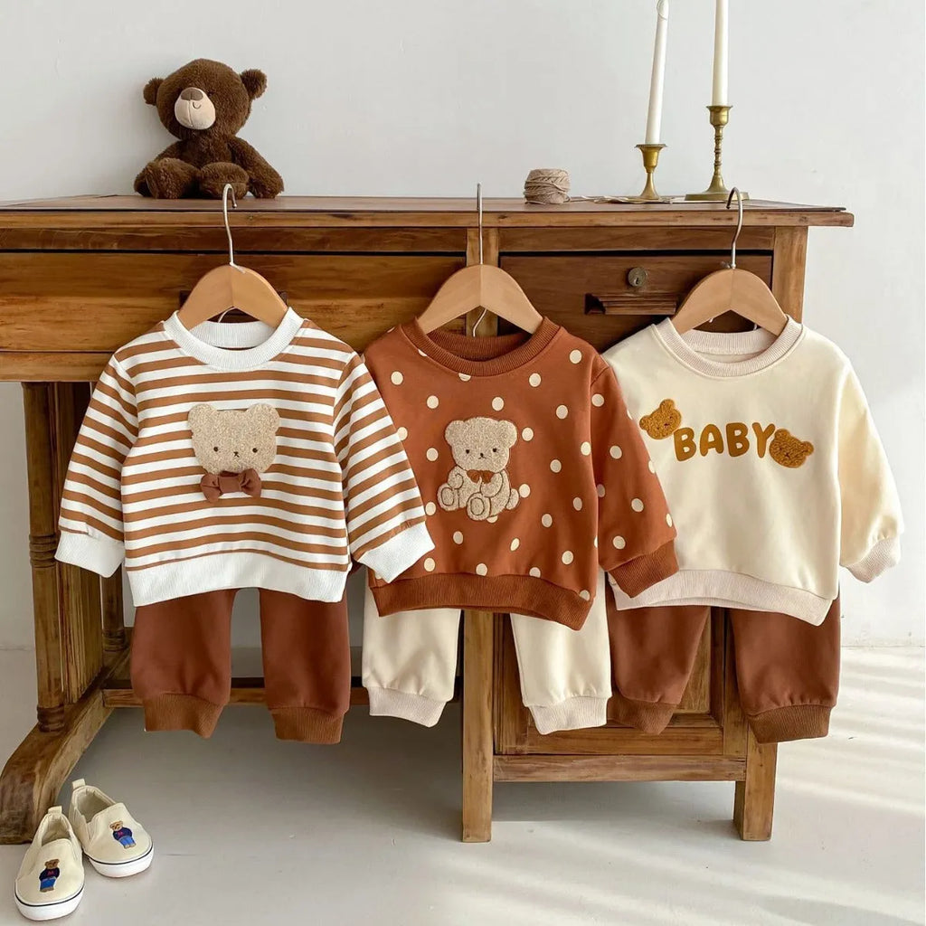 Cotton baby bear suit two-piece set in light beige with animal pattern, available in sizes 73-110cm