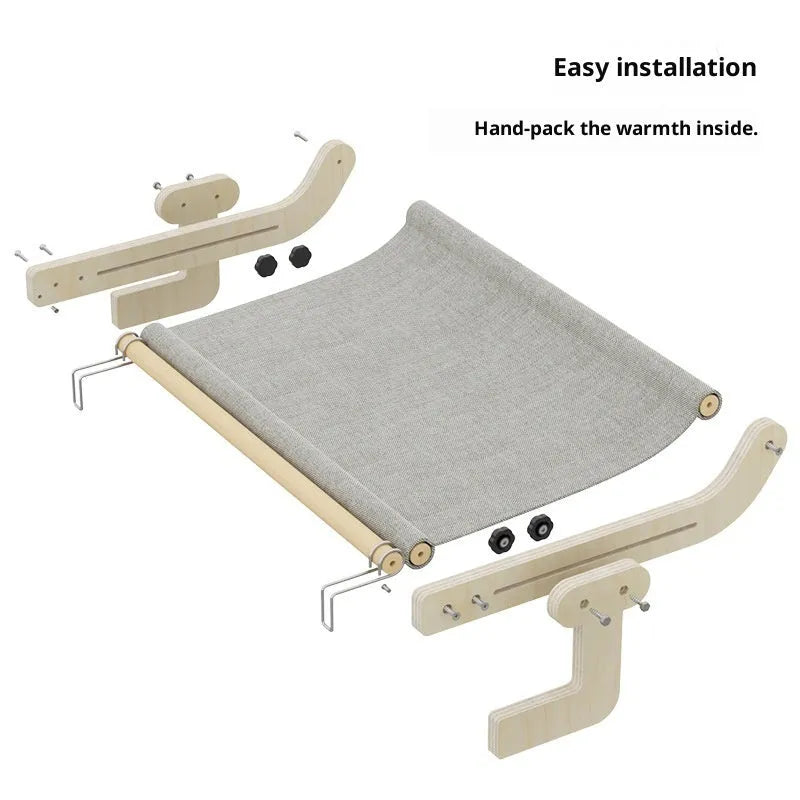 Extra large cat hanging bed with solid wood board in blue on a balcony, with canvas hammock