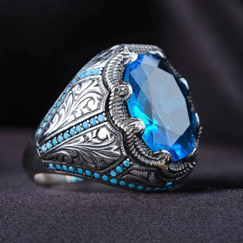 Geometric antique silver couple ring with blue zircon decoration